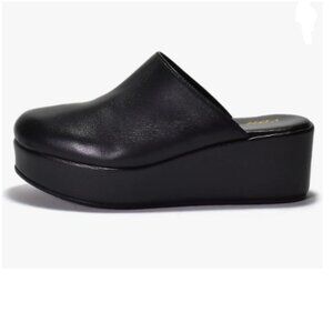 YDN Black Women's Cute Round Toe Platform Heeled Mules Mid Wedge Heels Slippers